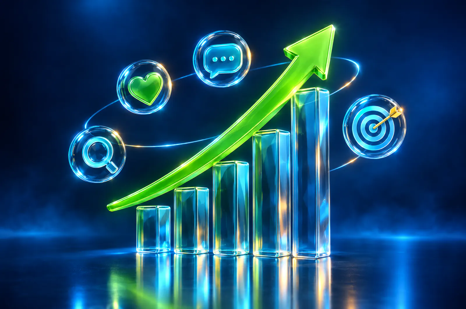 A glowing green growth arrow rising through glass bar charts