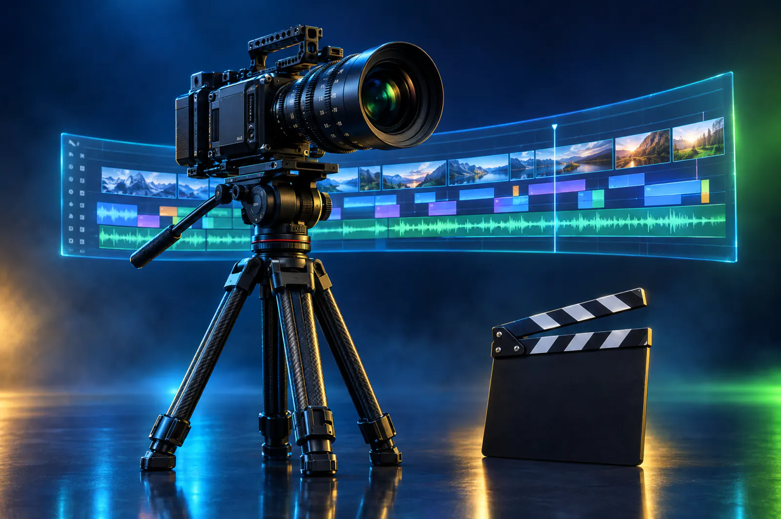A cinema camera on a tripod with a floating editing timeline