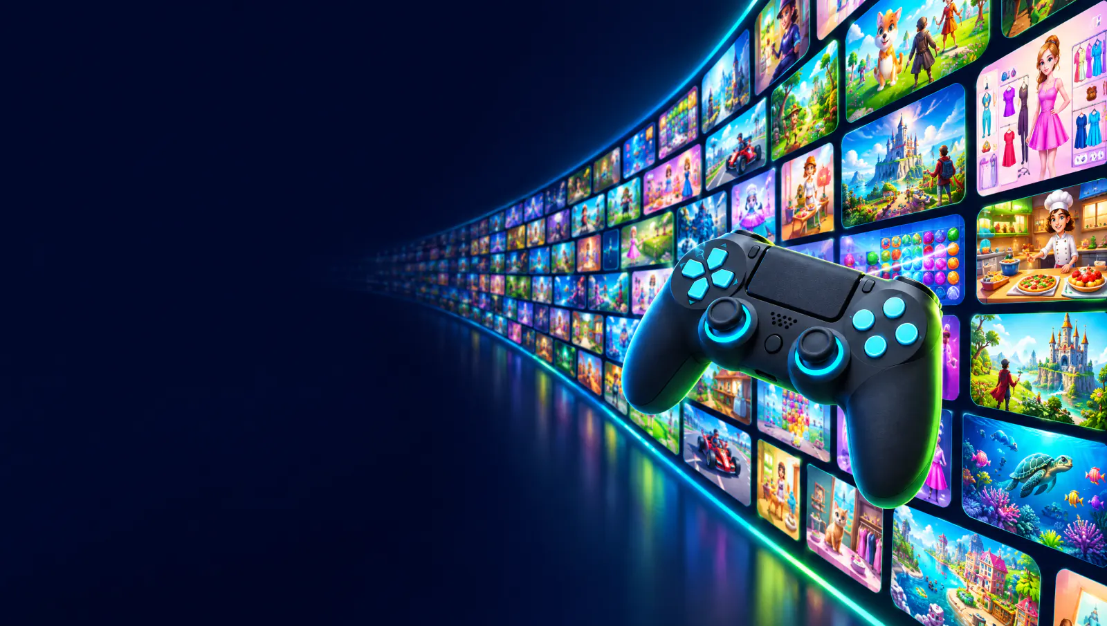 An endless gallery of colourful game screens with a game controller